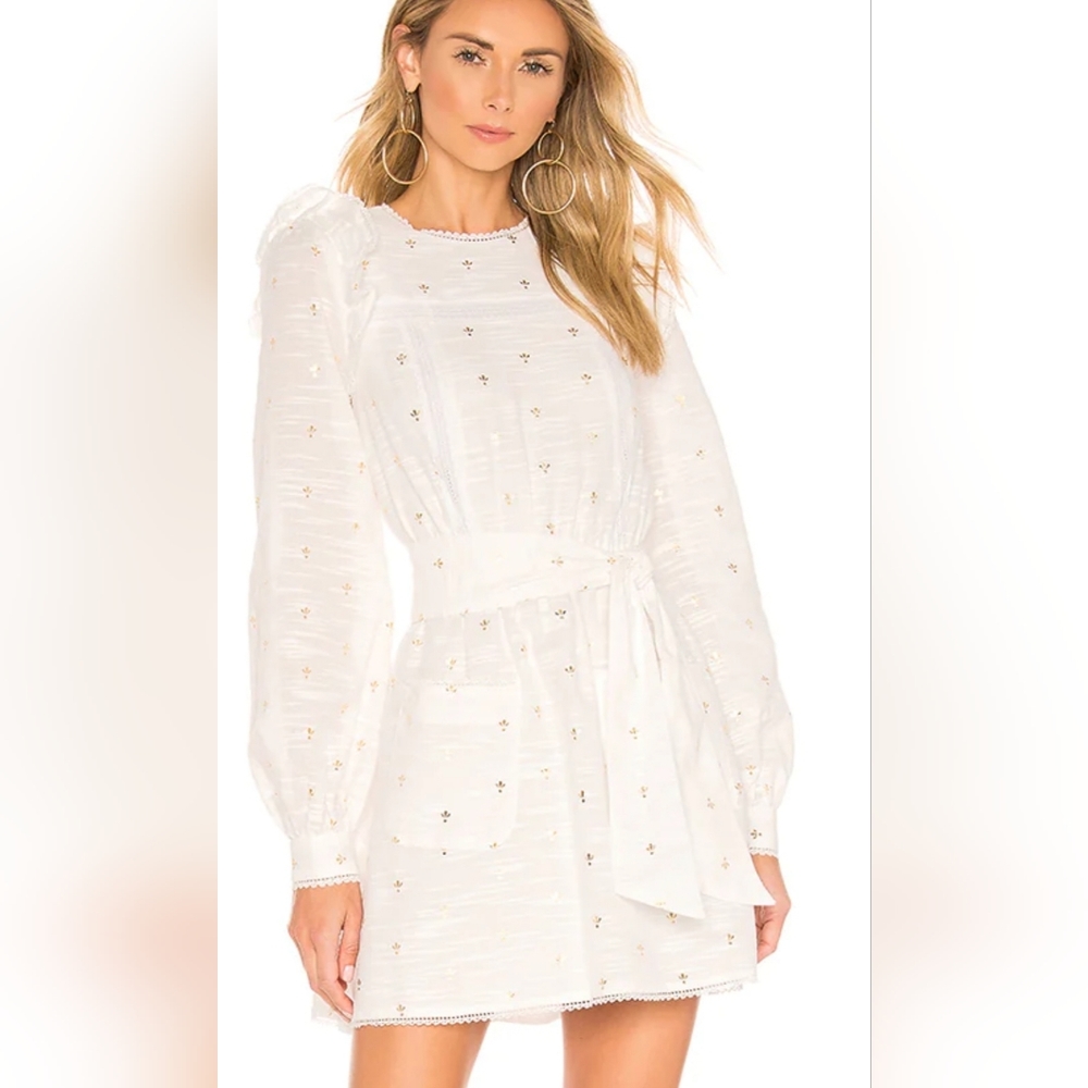 Tularosa Dress Medium White Charlotte Gold Metallic Accent Long Sleeve Belted